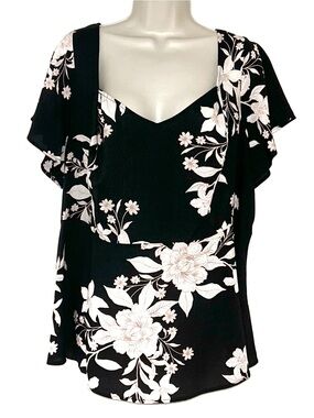 torrid Black Floral V-Neck Flutter Sleeve Blouse